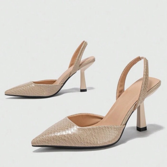 Nude snake skin print pointed toe faux leather stiletto pump heels - Picture 3 of 5